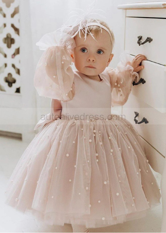 Blush Pink Pearl Embellished Tulle Flower Girl Dress Baby Girl Dress